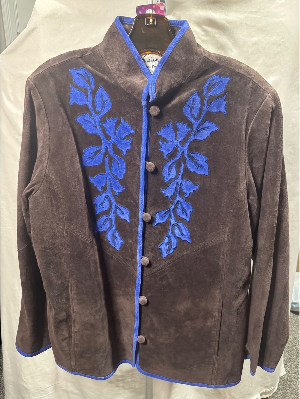 051 Vintage Brown Suede Leather Jacket with Blue Floral Embroidery - Size M